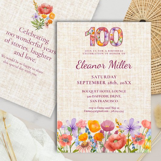 Invitation 100th Birthday Wildflowers - Floral Number
