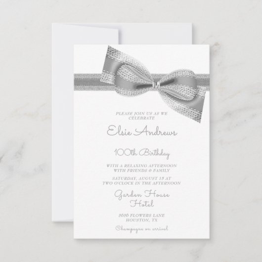 Invitation 100th Centenarian Silver Bow & Ribbon Birthday (Devant)