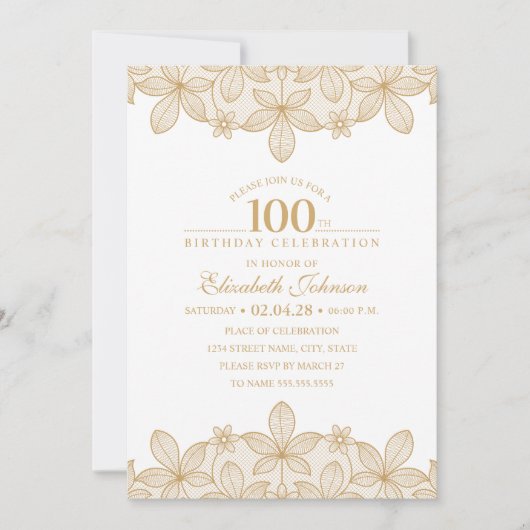 Invitation 100th Dentelle d'or unique de fête d'anniversaire (Devant)