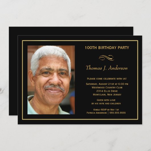 Invitation 100th Le noir des hommes de fête d'anniversaire et (Devant / Derrière)