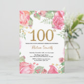 Invitation 100th parties scintillantes florales d'or (Debout devant)