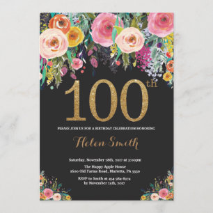 Invitation 100th parties scintillantes florales d'or