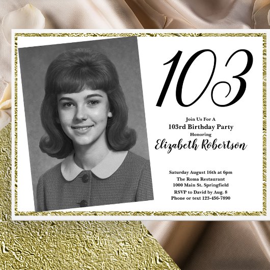 Invitation 103e personnalisé Photo Blanc et Or