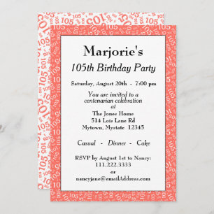 Invitation 105e anniversaire Coral/Blanc Motif de numéro aléa
