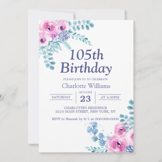 Invitation 105e anniversaire Floral rose 105 ans (Devant)