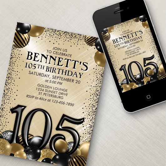 Invitation 105e Ballons Noir Or Anniversaire