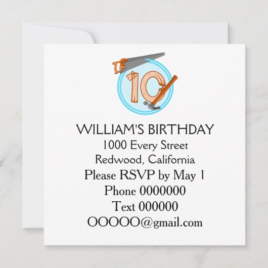 Invitation 10 ans garçon de construction outils conception d' (Dos)