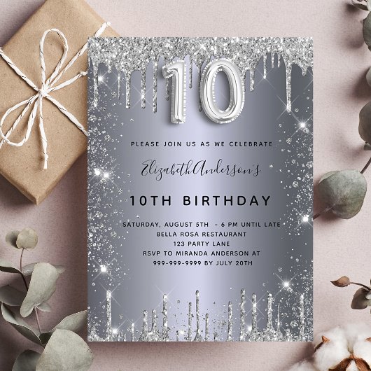 Invitation 10e anniversaire argent métal parties scintillant 