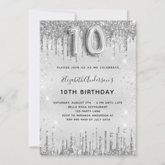 Invitation 10e anniversaire argent parties scintillant fille  (Devant)
