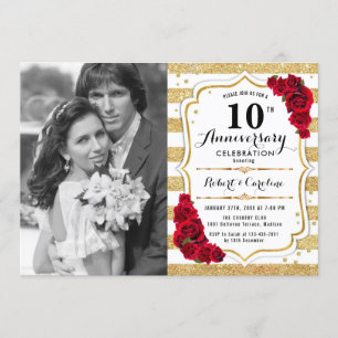 Invitation 10e anniversaire avec photo - Or Blanc Rouge