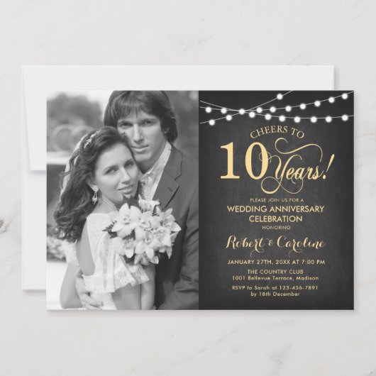 Invitation 10e anniversaire avec photo - Tableau noir or (Devant)