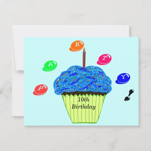 Invitation 10e anniversaire Blue Green Cupcakes Party (Devant)