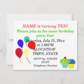 Invitation 10e anniversaire Blue Green Cupcakes Party (Dos)