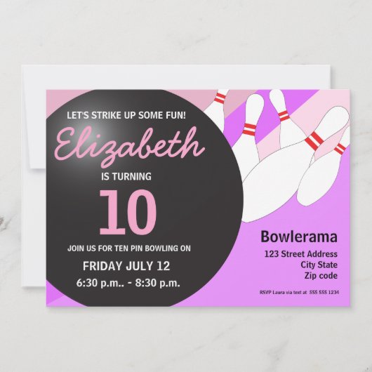 Invitation 10e anniversaire bowling fête rose violet (Devant)