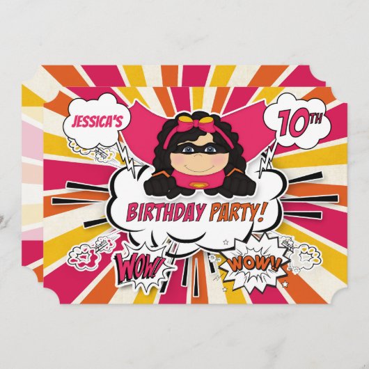 Invitation 10e anniversaire de fête filles Superhero Pink Com (Devant / Derrière)