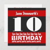 Invitation 10e anniversaire de la fête Noir Rouge Blanc W01A (Devant / Derrière)