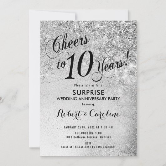 Invitation 10e anniversaire de mariage - Argent surprise (Devant)