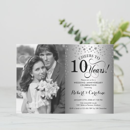 Invitation 10e anniversaire de mariage avec photo - Argent (Debout devant)