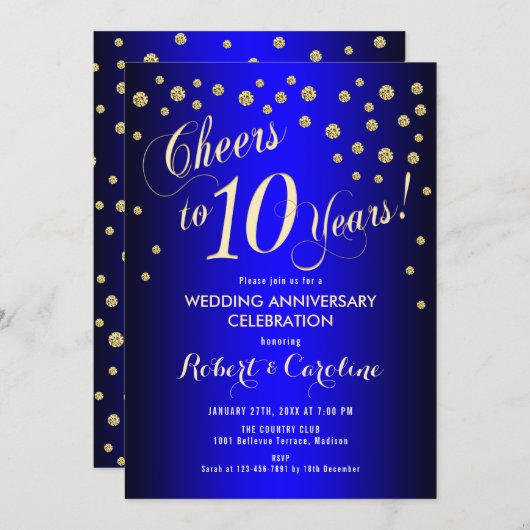 Invitation 10e anniversaire de mariage - Bleu Royal & Or (Devant / Derrière)
