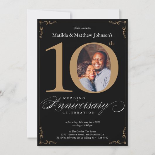 Invitation 10e anniversaire de Mariage Calligraphie d'or noir (Devant)