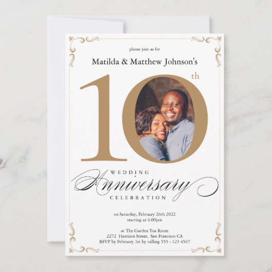 Invitation 10e anniversaire de mariage calligraphie or blanc (Devant)
