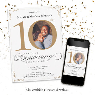 Invitation 10e Anniversaire de Mariage Calligraphie Or Blanc