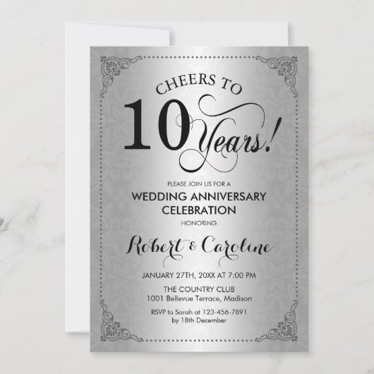 Invitation 10e anniversaire de mariage - Damask noir argenté (Devant)