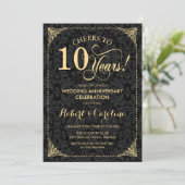 Invitation 10e anniversaire de mariage - Damask noir or (Debout devant)