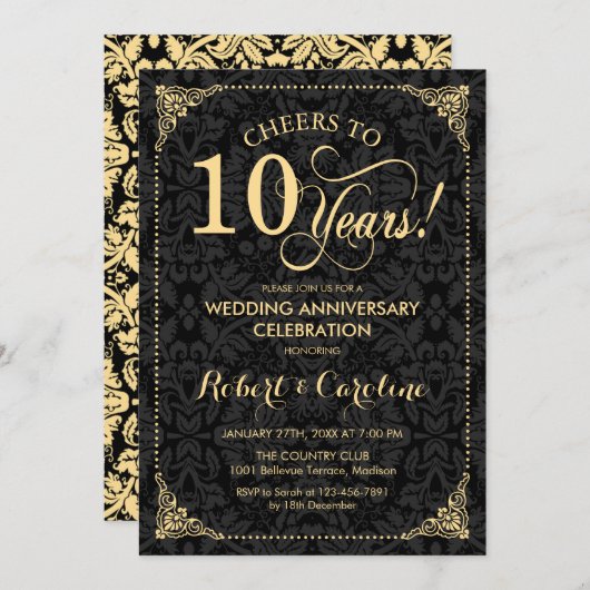 Invitation 10e anniversaire de mariage - Damask noir or (Devant / Derrière)