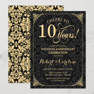Invitation 10e anniversaire de mariage - Damask noir or