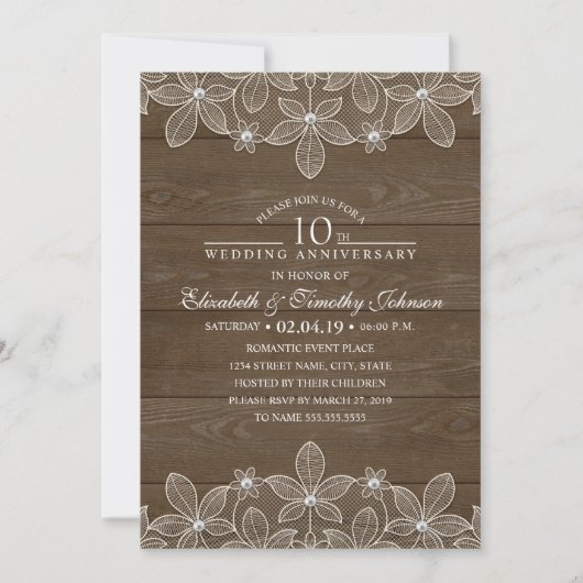 Invitation 10e anniversaire de Mariage Dentelle rustique en b (Devant)