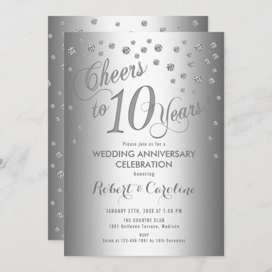 Invitation 10e anniversaire de mariage élégant - Argent blanc (Devant / Derrière)