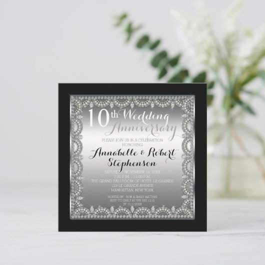 Invitation 10e anniversaire de mariage élégant Argent et Diam (Debout devant)