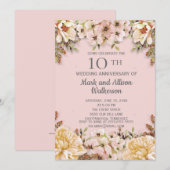 Invitation 10e anniversaire de mariage Fleurs en ivoire rose (Devant / Derrière)