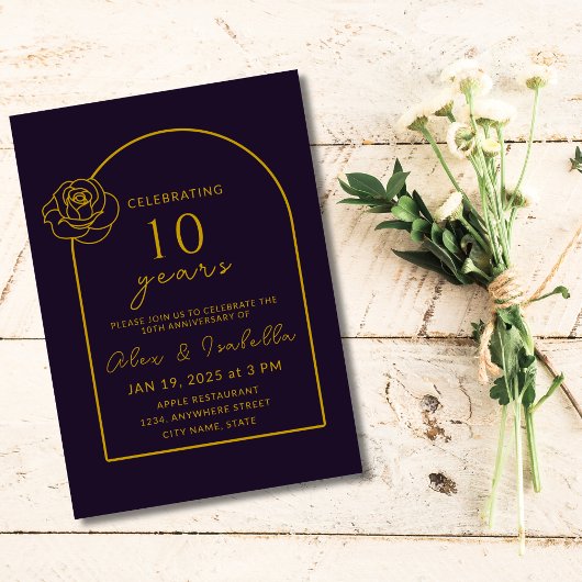 Invitation 10e anniversaire de Mariage moderne violet et or