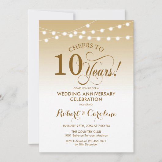 Invitation 10e anniversaire de mariage - Or Blanc (Devant)