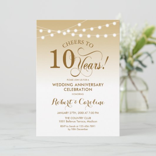 Invitation 10e anniversaire de mariage - Or Blanc (Debout devant)