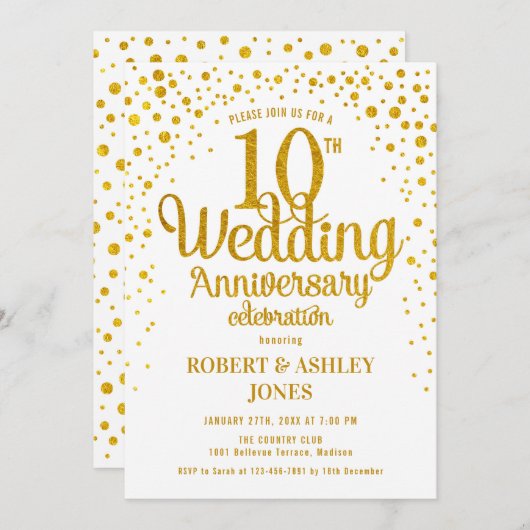 Invitation 10e anniversaire de mariage - Or et Blanc (Devant / Derrière)