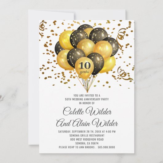 Invitation 10e anniversaire de mariage or et noir sur blanc (Devant)