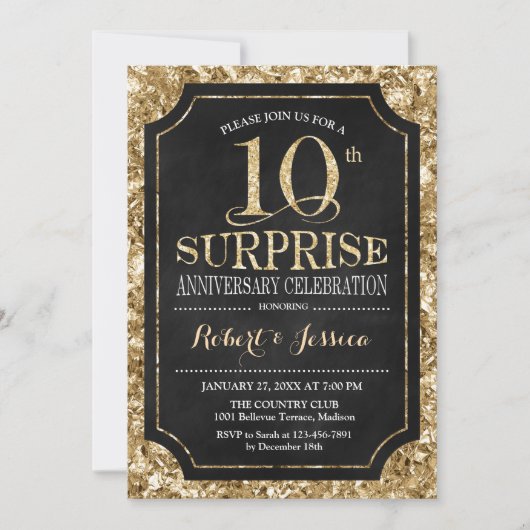 Invitation 10e anniversaire de mariage - Or Noir Surprise (Devant)