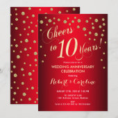 Invitation 10e anniversaire de Mariage - Rouge & Or (Devant / Derrière)