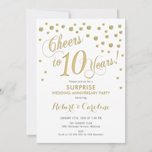 Invitation 10e anniversaire de mariage surprise - Blanc et or (Devant)