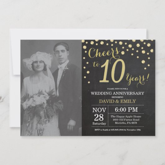 Invitation 10e anniversaire de mariage tableau noir et or (Devant)
