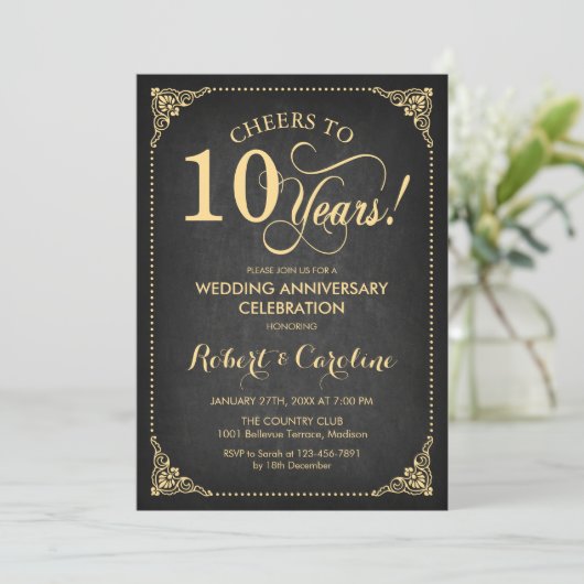 Invitation 10e anniversaire de mariage - Tableau noir or (Debout devant)