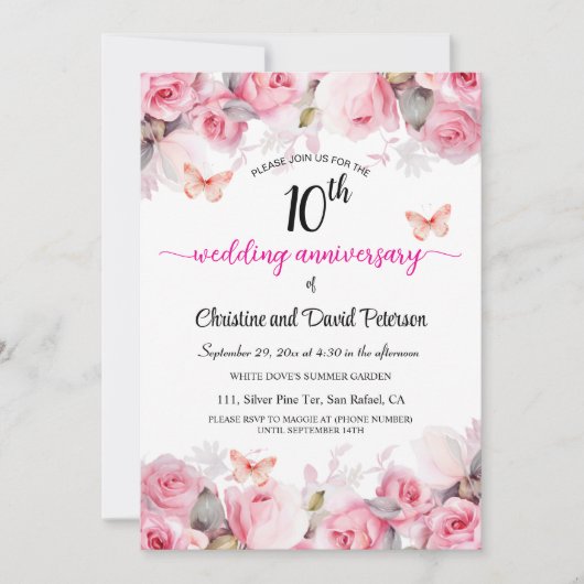 Invitation 10e anniversaire de Mariage Tin Roses blush (Devant)