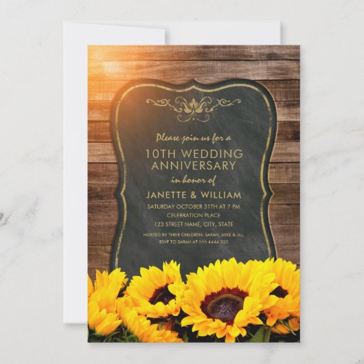 Invitation 10e anniversaire de mariage Tournesol Rustique Aut (Devant)
