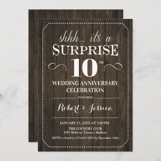 Invitation 10e anniversaire du Mariage surprise - Bois rustiq (Devant / Derrière)