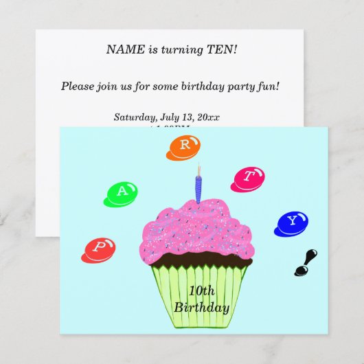 Invitation 10e Anniversaire Fête Candy Bits Cupcake Invitatio (Devant / Derrière)
