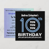 Invitation 10e anniversaire Fête moderne Bleu et Noir B451 (Devant / Derrière)