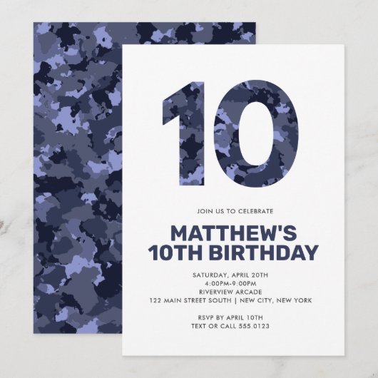 Invitation 10e anniversaire, Fête personnalisée Camo Bleu (Devant / Derrière)